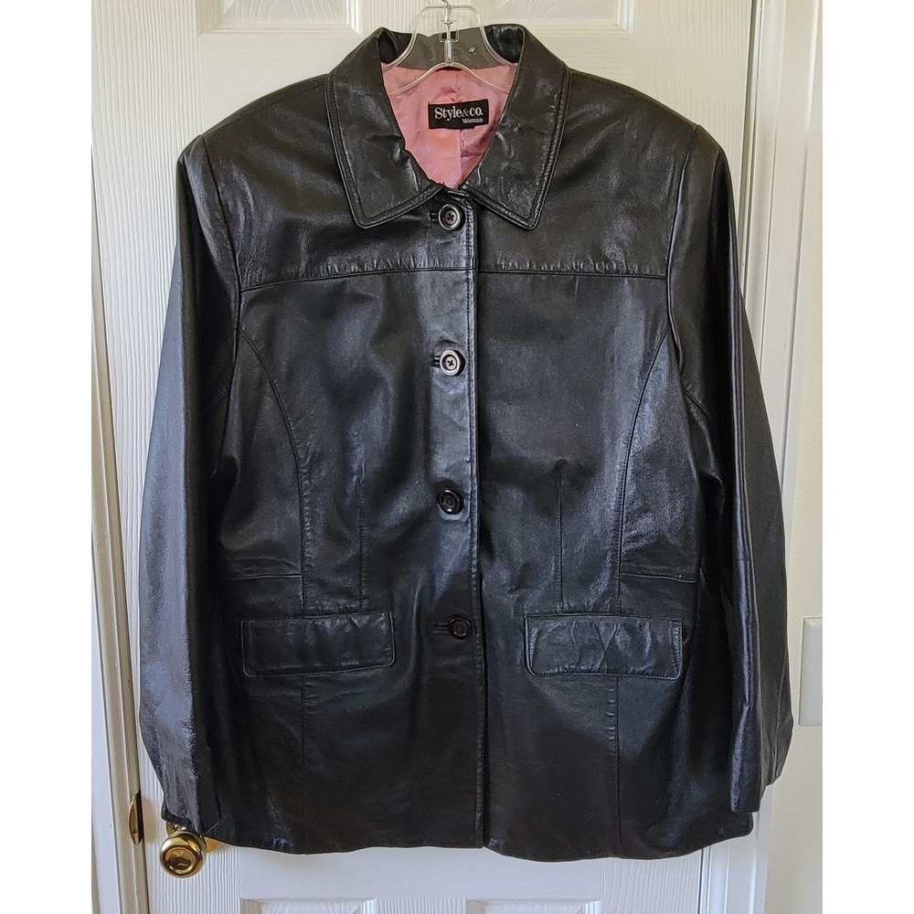 Style & Co Jacket Faux Leather Size XL?‎ Black Buttons Casual Pockets Lined